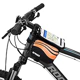 Enkeeo Front Top Tube Bike Bag 5.5 inch Mobile Phone Screen Touch Bicycle Frame Bags Water Resistant with 2-Side Pockets, Sealed Zipper, Nylon Fabric for Outdoor Cycling (Black/Orange)