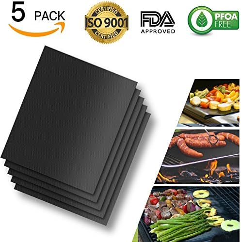 BBQ GRILL Mat - Set of 5 - 100% Teflon Non-Stick Heat Resistant Professional Baking BEST Sheet Material Reusable-Reversible 15.75" x 13"