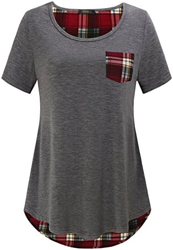 Vafoly Women's Round Neck Plaid Chiffon Back T Shirt Short Sleeve Pocket Blouse Tops