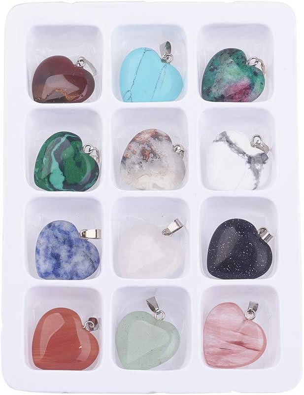 arricraft 5 Boxed 12pcs/Box Heart Beads Pendants Gemstone Stone Charms Healing Stone Beads Pendants for DIY Necklace Jewelry Making-Assorted Color