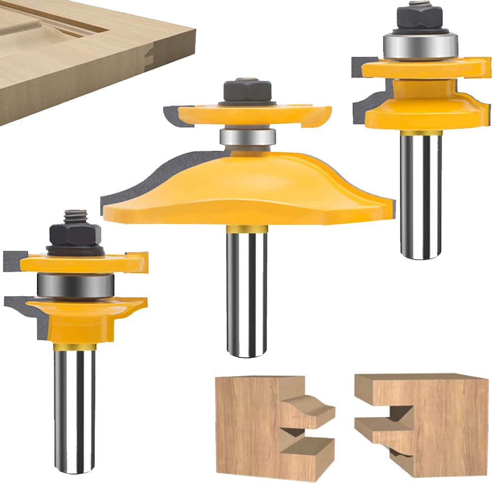 MAYLINE 3PCS Router Bit Set 1/2-Inch Shank, Raised Panel Cabinet Door Round Over Router Bit Set, Groove Tongue Wood CNC Milling Cutter Tool with Back-Cutter(Silver)