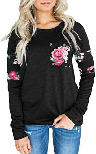 Womens Casual Floral Print long Sleeve Tunic Loose Crewneck Fashion Sweatshirt Blouse Tops By Ladylala Black L