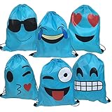 AWYK Blue Emoji Drawstring Backpack Bags for Party Favors Supplies Birthday, Gift for Kids Teens Boys and Girls, 6 Pack Cute Assorted Emoticon sacks, 17x13.5 Inch (43X34cm)