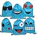 AWYK Blue Emoji Drawstring Backpack Bags for Party Favors Supplies Birthday, Gift for Kids Teens Boys and Girls, 6 Pack Cute Assorted Emoticon sacks, 17x13.5 Inch (43X34cm)