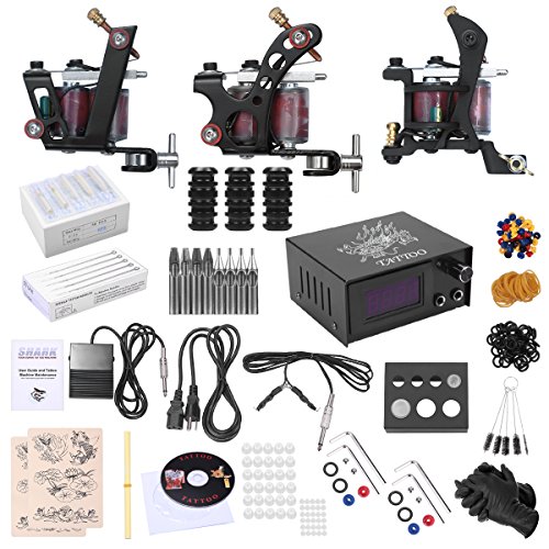 SHARK Complete Professional Tattoo Kit 3 Machines Gun Power Supply Needles Grips Tips