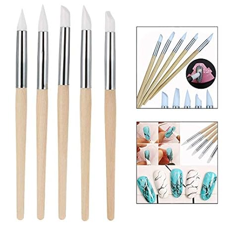 Xrten 5 Stücke Silikon Nagel Kunst Pinsel,Nail Art Bleistift Nageldesign Silikonpinsel mit Holzgriff
