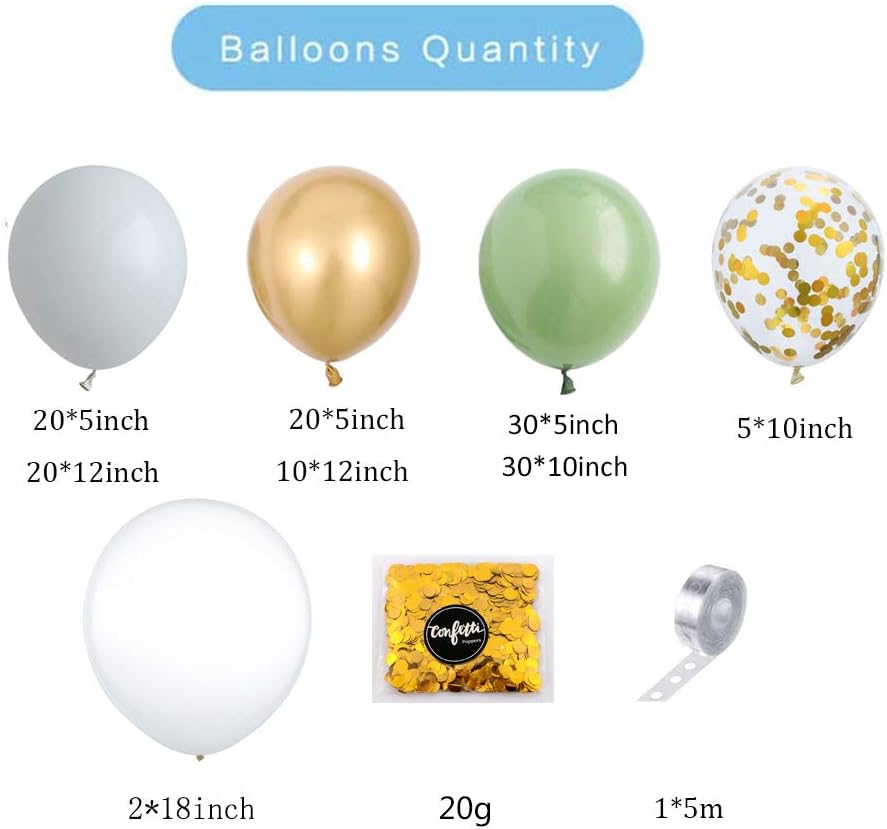 GIHOO 127PCS Olive Green Balloon Garland Arch Kit White Gold Confetti Balloons Retro Green Balloon and Gold Metallic Chorme Latex Balloons Set for Wedding Birthday Balloons Baby Shower Decorations: Toys & Games