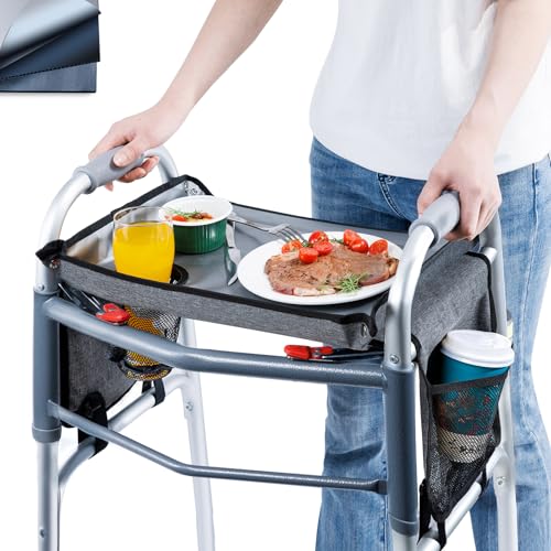BAGSFY Walker Tray with Cup Holder & Side Pocket – Hard Top Walker Table for Seniors – Folding Walker Accessory for Meals, Reading, Drinks – Non-Slip Surface, Tool-Free Install, Universal Fit