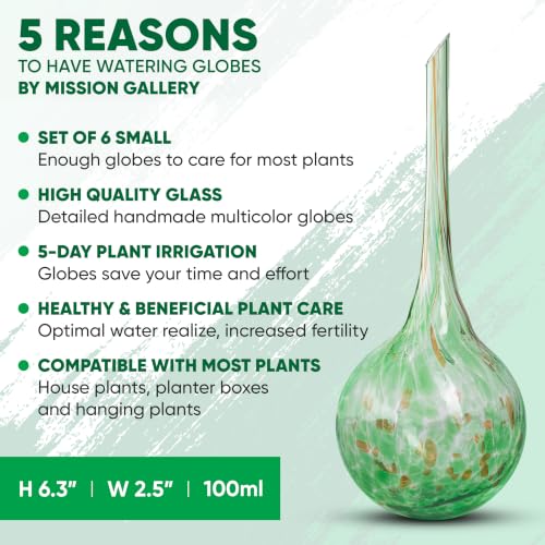 Plant Watering Globes Set of 6 - Small Glass Self Watering Globes for Indoor & Outdoor Plants - Multicolor Passive Watering Devices for Short Term Soil Moisture Support Bulbs