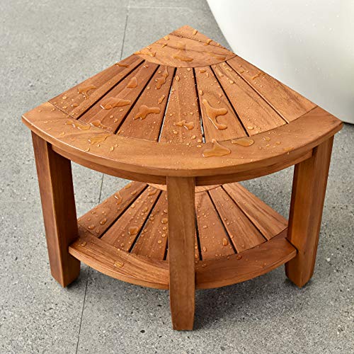 WELLAND Teak Corner Shower Bench, 2Tier Storage Shelf Wood Shower