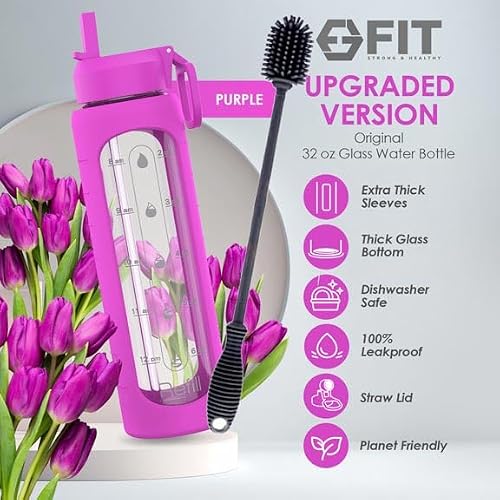FIT Strong & Healthy 32 oz Glass Water Bottle with Straw Lid - Wide Mouth  Borosilicate Glass