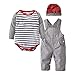 3Pcs Baby Boys Long Sleeve Stripe Romper Overalls Clothing Set with Hat (18-24 Months) Grey