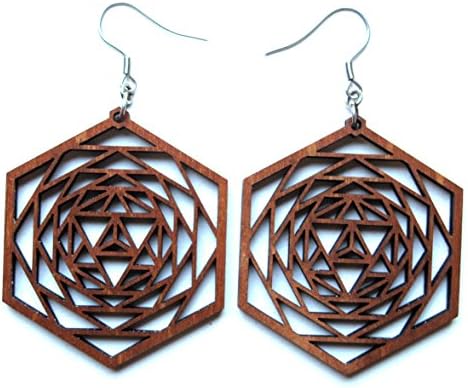 Wooden Statement Hexagon Earrings Star Tetrahedron, 0g, Large Boho Designer Jewelry