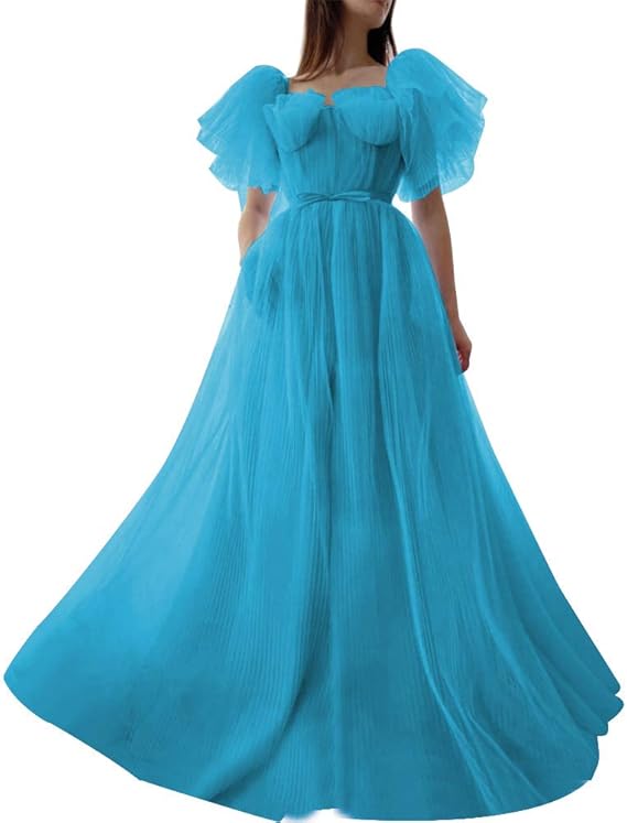 VNeck Long Tulle Prom Dresses Short Sleeves Long Puffy