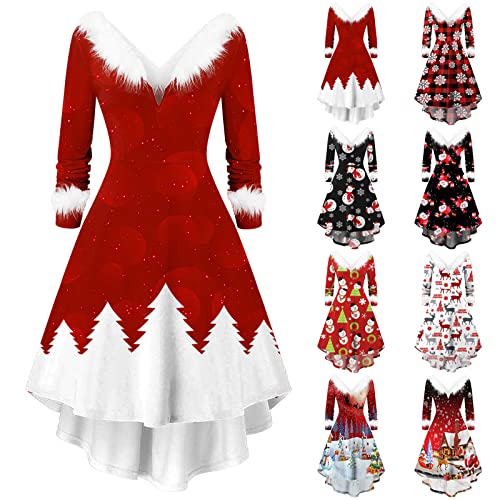 Christmas Dresses for Women Furry V Neck Swing Dress High Low Party Dress Long Sleeve Christmas Print Dresses (Red02, L)