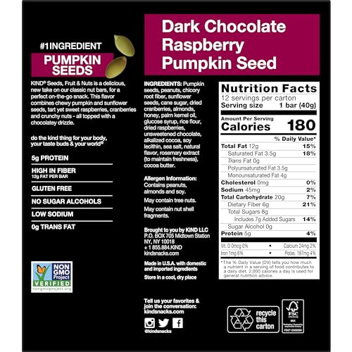 KIND HEALTHY SNACKS BARS, DARK CHOCOLATE RASPBERRY PUMPKIN SEED, GLUTEN FREE, HIGH FIBER SNACKS, 5G PROTEIN, 12 COUNT