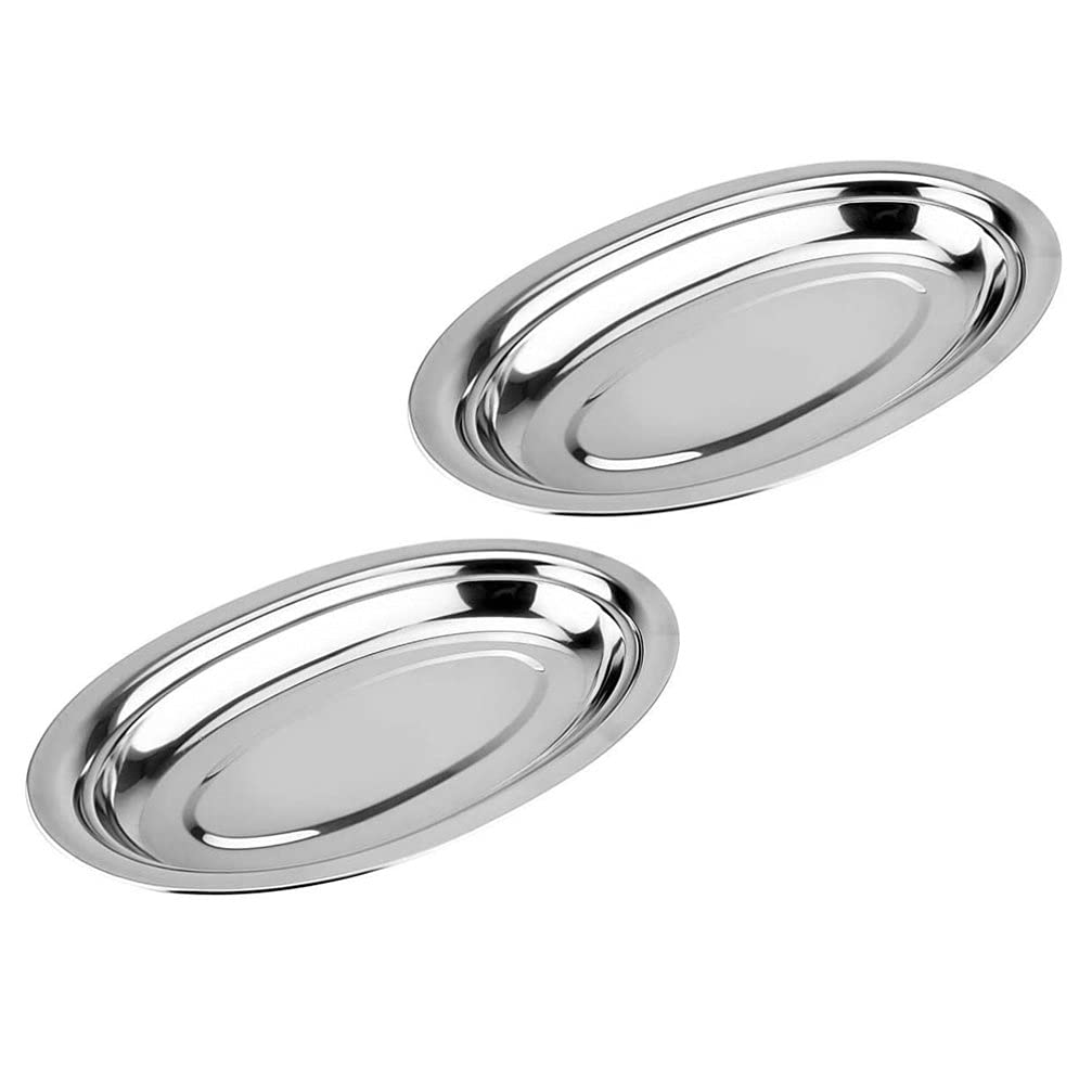 2pcs Serving Platter Mirror Tray Stainless Steel Serving Tray Steak Plates Steaming Fish Plates Dishes Oval Platter Snack Trays for Home Party Kitchenware 28cm Silver