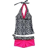 iEFiEL Girls Summer Swim Geometric Two Piece Halter Tankini Bathing Suit (15-16, Hot Pink)