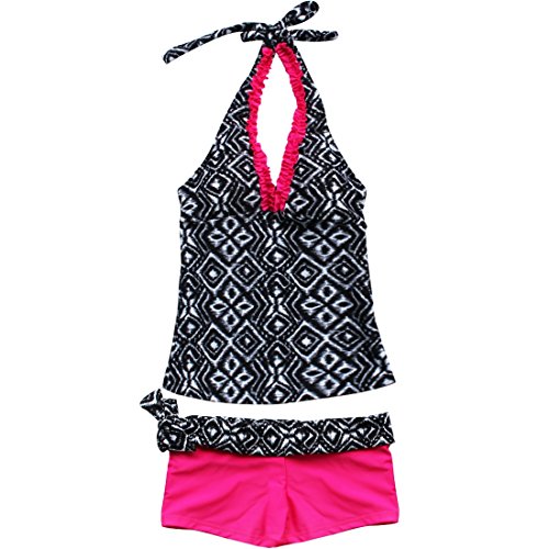 iEFiEL Girls Summer Swim Geometric Two Piece Halter Tankini Bathing Suit (15-16, Hot Pink)