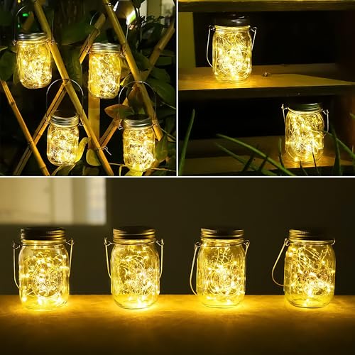 Solar Garden Lantern - 4 Light Chains 30 Bulbs Vase with Handle - IP65 Waterproof Solar Lamp Rustproof Outdoor Indoor - Decoration for Party, Wedding, Bar, Gazebo, Patio