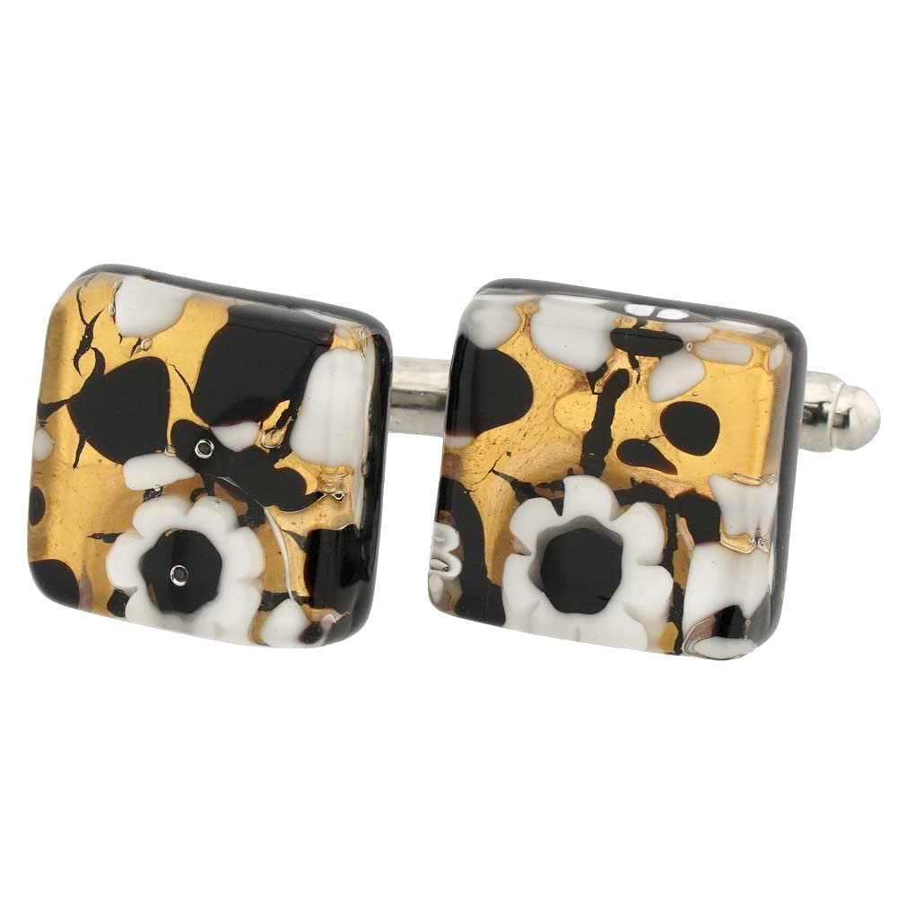 Classic Square Venetian Cufflinks – Black Gold, Glass, Crystal, Glass, Crystal