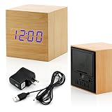 GEARONIC TM Ultra Modern Wooden LED Clock Square Cube Digital Alarm Thermometer Timer Calendar Updated 2016 Brighter LED - Bamboo