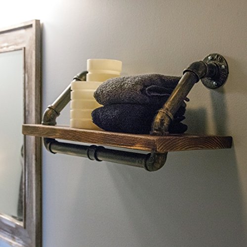 Lily's Home Industrial Plumbing Pipe Floating Wall Shelf, Rustic Design Includes Mounts with Screws for Use as a Bookshelf, Accessory Holder, or Knick-Knacks, Wood, (21.5" L x 9.75" W)
