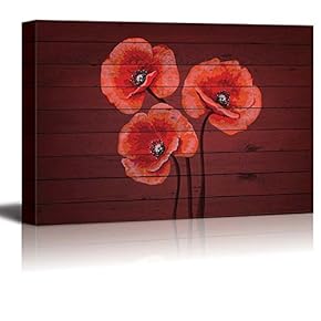 Red Bouquet of Poppy Flowers on Cherry Wood Panels