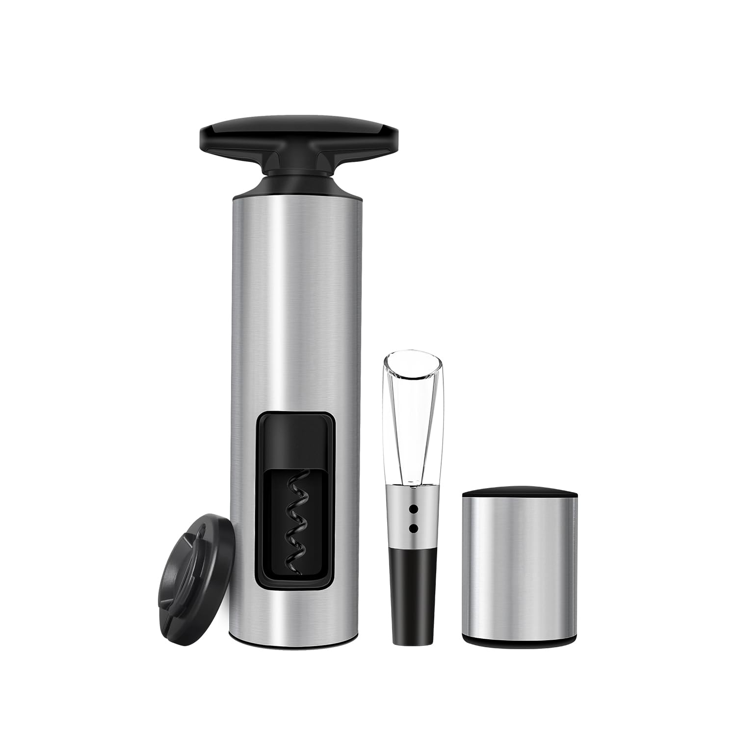 ELMWAY VinoLux Series Manual Wine Opener Set – Self-Pull Corkscrew with Foil Cutter, Wine Aerator Pourer & Vacuum Stopper, Brushed Stainless Steel Design, Easy to Use & Durable – 4-in-1