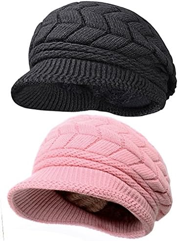 Women Lady Braided Warm Cabled Knit Winter Beanie Crochet Hats Newsboy Caps 2-pack (Black+Pink)