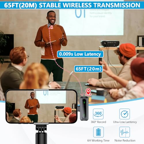 Mini Microphone for iPhone, iPad, Android Phone, 2 Pack Wireless Lavalier Microphone with Noise Reduction, Plug-Play Wireless Mic for Video Recording, Interview, YouTube, TikTok
