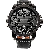 OULM Men's 3233 Aviator Military Analog Japanese Quartz Black Synthetic Leather Watch with Watch Box