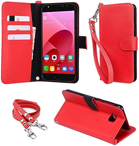 wisers ASUS ZenFone 4 Selfie Pro ZD552KL 5.5" 5.5-inch cell phone Wallet Case Book Design with Hand Strap, Neck Strap, Card Slots and Kick Stand, Red