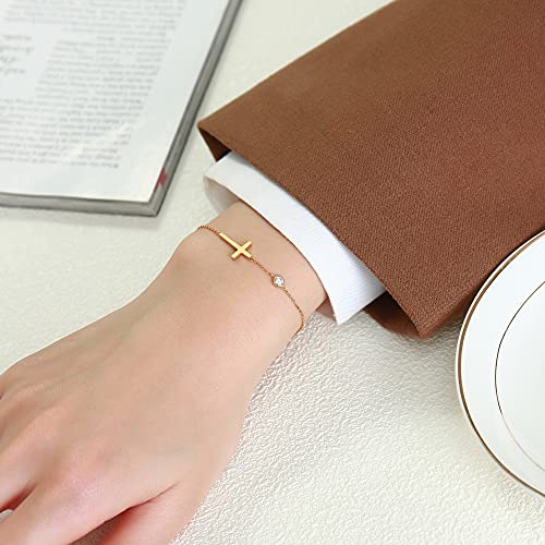 TempBeau Sideways Cross Charm Bracelet, Stainless Steel Religious Link Chain, Christian Baptism Dainty Bangle Jewelry Gift for Women Girls (Gold)