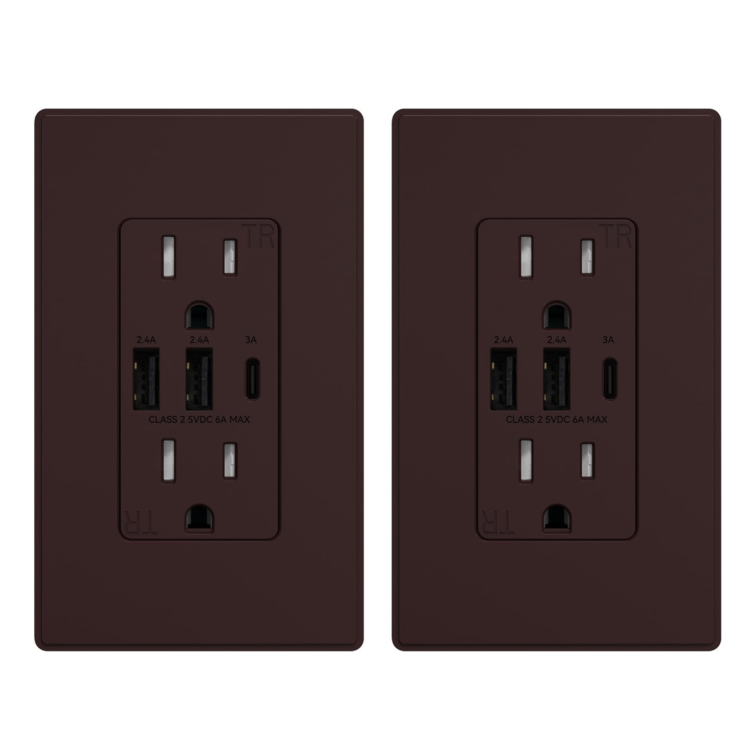 ELEGRP USB Outlets Receptacles, 3-Port Wall Outlet, 30W 6.0A Electrical Outlet, 15 Amp Tamper-Resistant Outlet with Type C Ports, UL Listed, Wall Plate Included, 2 Pack, Matte Brown Image
