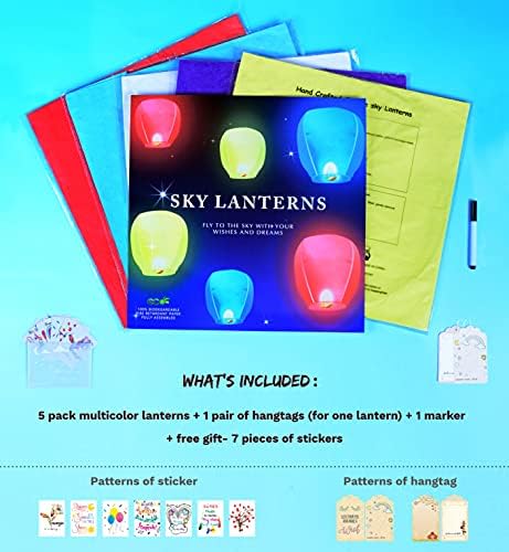 Eco Paper Lanterns to Launch in Sky -Chinese language Sky Lanterns Biodegradable -Personalizing with Hangtags and Stickers -Wishing Lanterns for Birthday, Celebration and Occasions (Multicolor, 5 Pack)