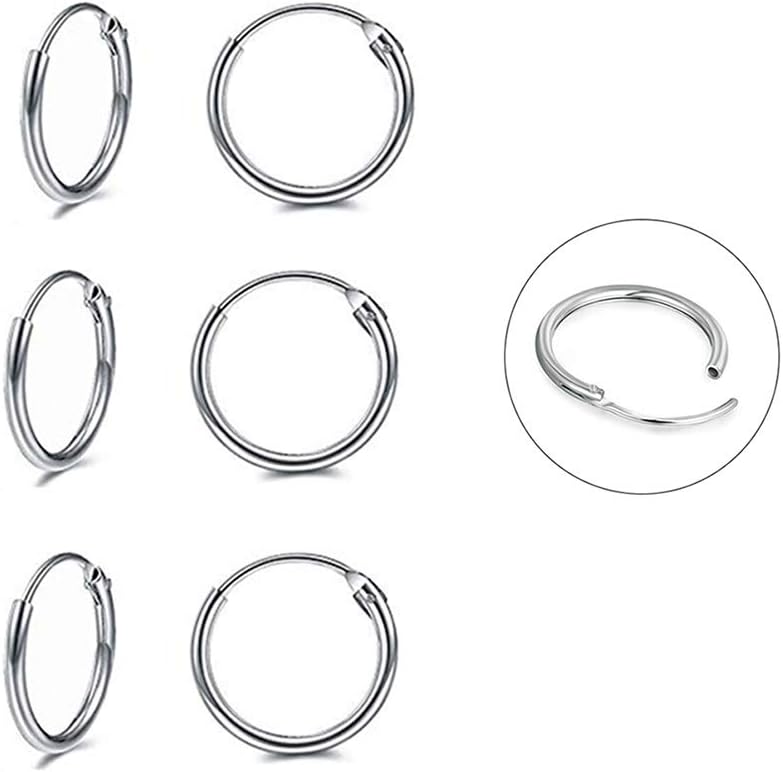 Silver Hoop Earrings for Women, 3 Pairs 925 Sterling Silver Endless Small Hoop Earrings Set Tiny Mini Hypoallergenic…