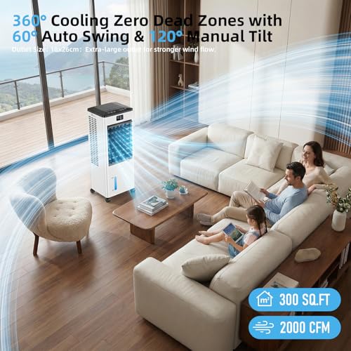 Portable Air Conditioners, 8L Evaporative Air Cooler with Remote and LED Display, 60W Energy-Efficient, 3 Speeds & 4 Modes, 12H Timer, 120°Oscillation, Portable AC Units for Rooms Bedroom Home Office