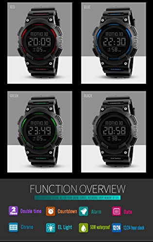 Men's Digital Waterproof Sports Watch Military Multifunction Dual Time Countdown Stopwatch Alarm Back Light 50M Waterproof Watch (Blue)