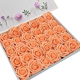 DerBlue 60pcs Artificial Roses Flowers Real Looking Fake Roses Artificial Foam Roses Decoration DIY for Wedding Bouquets Centerpieces,Arrangements Party Home Decorations(Orange)