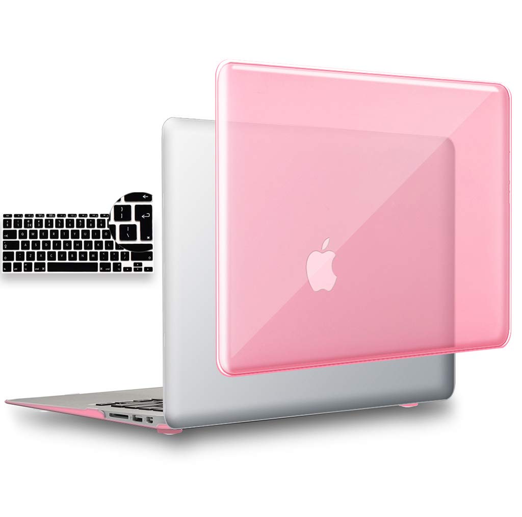 UESWILL 2in1 Glossy Crystal Clear See Through Hard Shell Case with EU/UK Version Silicone Keyboard Cover Compatible with MacBook Air 11 inch (Model: A1370/A1465), Pink