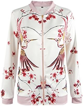 HowFitU Women's Casual Bomber Jacket Long Sleeve Zip Up Birds Floral Print