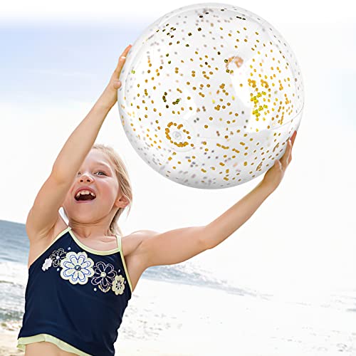 FUTUREPLUSX Glitter Beach Balls 16 Inch, 2PCS Swimming Pool Balls Inflatable Beach Ball with Gold Confetti for Kids Birthday Summer Pool Party
