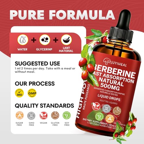 JUYIHEAL Berberine Supplements, 500mg Berberine HCL for Healthy Lipid (Fat) & Glucose Metabolism, Pure, Vegan, Alcohol & Sugar Free Berberine Drops - 120ML Liquid