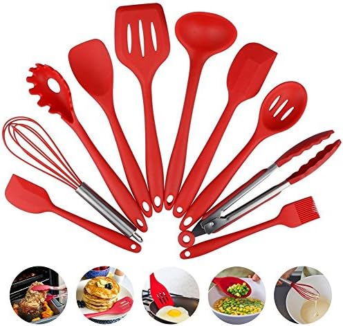 Silicone Kitchen Utensil Set, 10 Piece Cooking &amp; Baking Tool Sets ,Kitchen Tool Set Non-toxic Hygienic Safety Heat Resistant for Baking BBQ (Red)