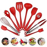 RED Silicone Cooking Utensils Set 10 Pcs Kitchen Baking Utensil Set For Nonstick Cookware Red Serving Utensils Heat Resistant Tongs, Spoon, Spatula Tools, Pasta Server, Ladle, Strainer, Whisk