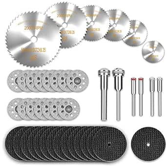 Rotary Tool Accessories Cutting Wheels Set 42 Pcs Diamond Cutting Wheels 15pcs and Resin Cutting Off Wheels 15pcs with Mandrels, Hss Circular Saw Blades 6pcs with 1/8" Shank for Wood Metal DIY Craft