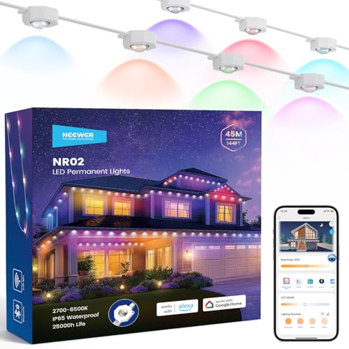 NEEWER 45M Permanent Outdoor Lights for Home Decoration, Smart AI RGBCW Outdoor Gutter Lights with 90 LEDs App Control 50+ IP65 Scenes Waterproof, Compatible with Alexa, NR02