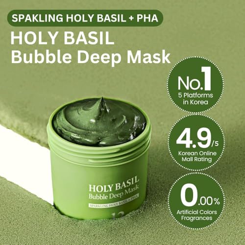 LBOYLOVE® Holy Basil Bubble Deep Mask – Holy Basil & Carbonated Water for Cleansing Pores & Blackheads, Korean Clay to Bubble Wash-Off Pack (90g / 3.17 oz)
