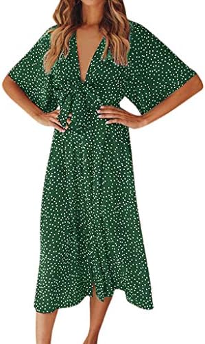 Gogoodgo Womens Dot Print Dress, Ladies V Neck Bohemia Bow Tie Sundress Beach Loose Long Dress Black